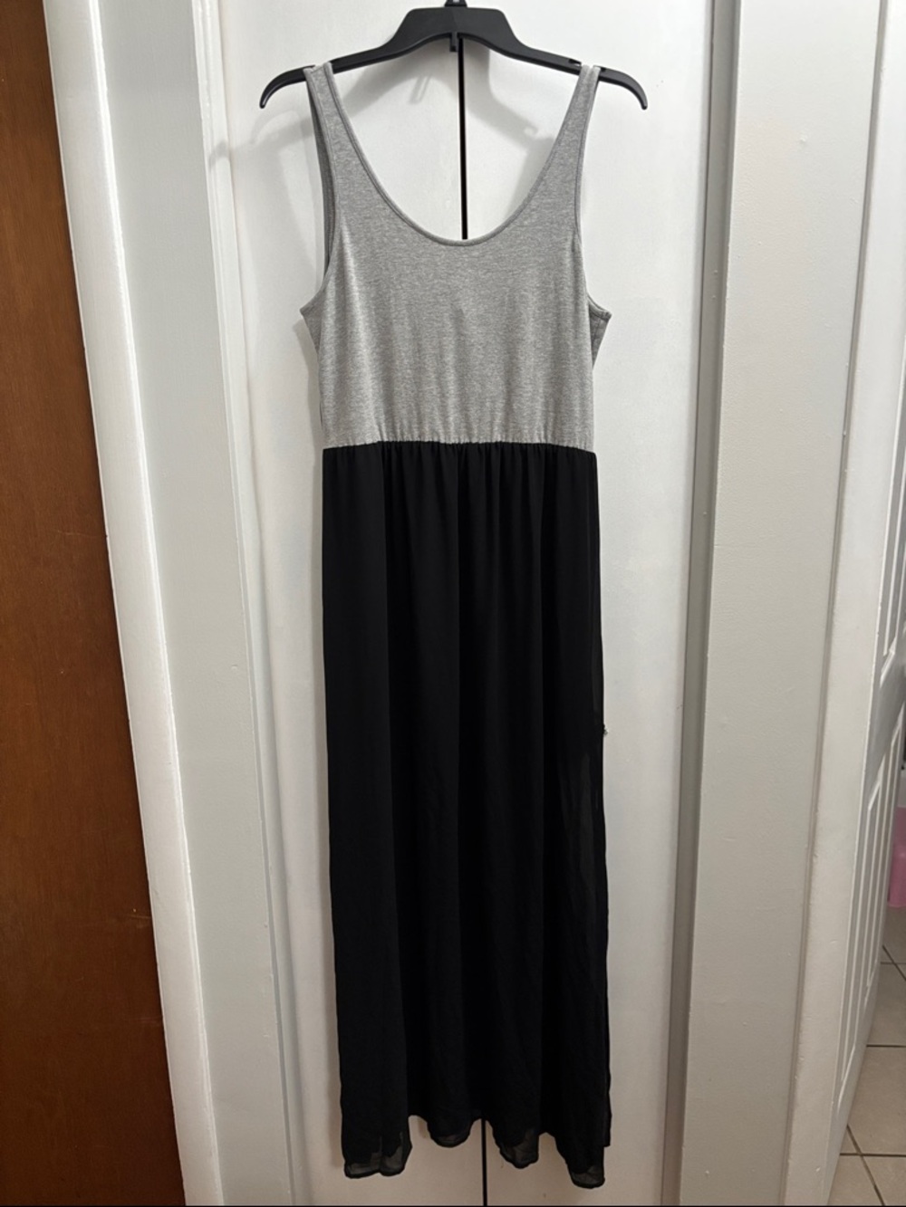 Divided Two-Tone Gray and Black Maxi Dress Sheer skirt over mini